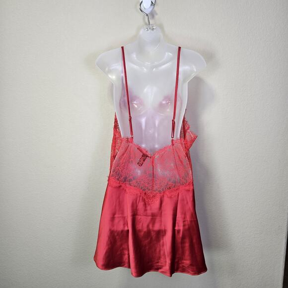 NEW Victorias Secret Set Chemise Nightie XL V-String Panties L Red Lace Satin - Picture 7 of 14